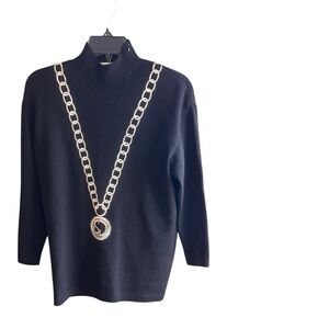 Vintage St. John black Santana knit mock neck sweater with silver chain design